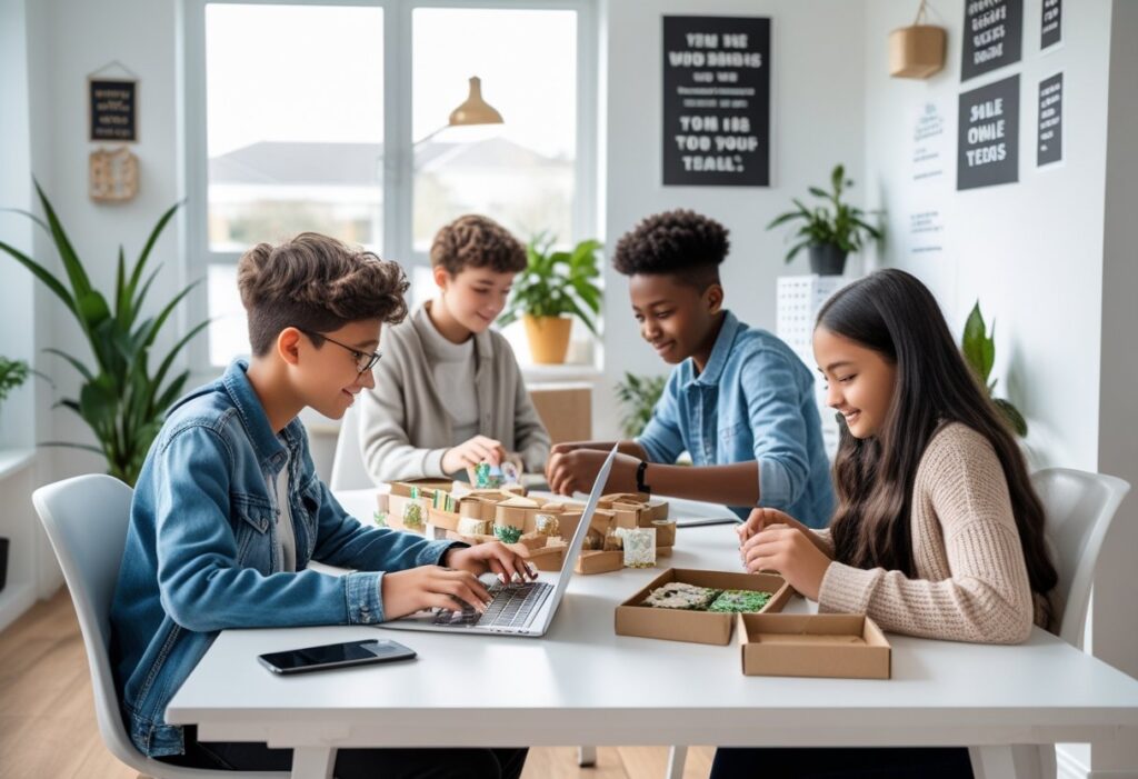 A diverse group of focused teenagers working on laptops from a cozy cafe, engaging in online side hustles that don't require a car.