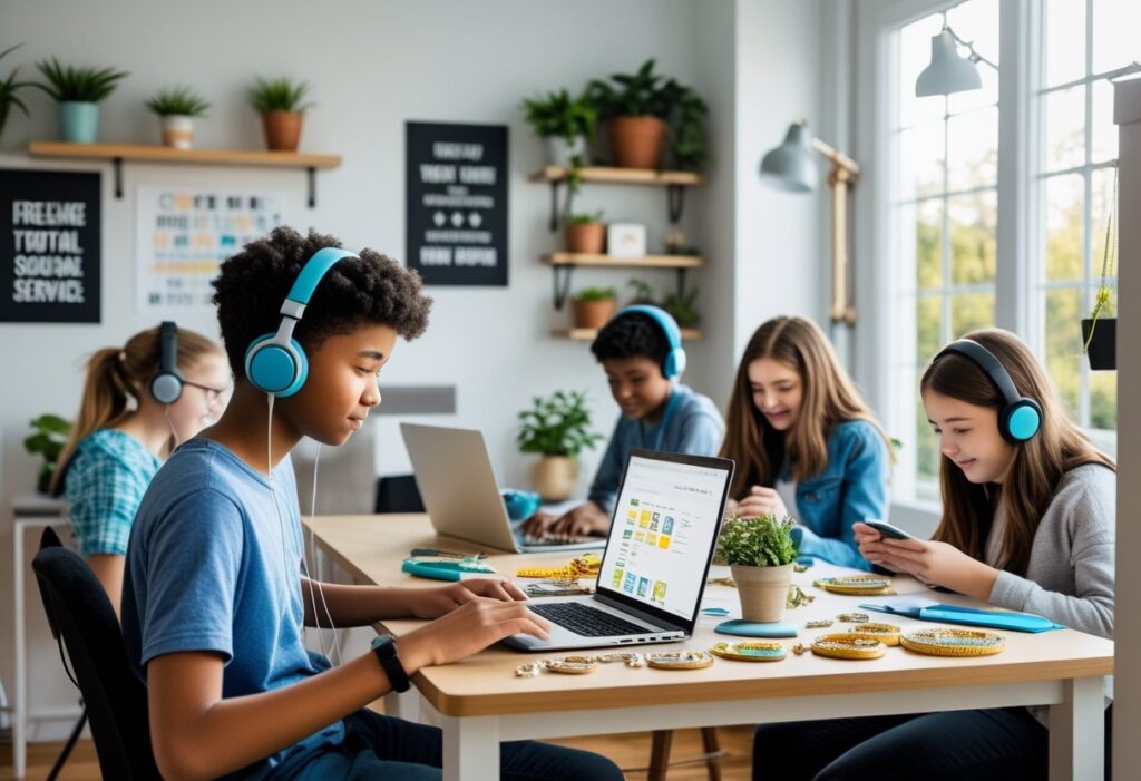 A diverse group of focused teenagers working on laptops from a cozy cafe, engaging in online side hustles that don't require a car.