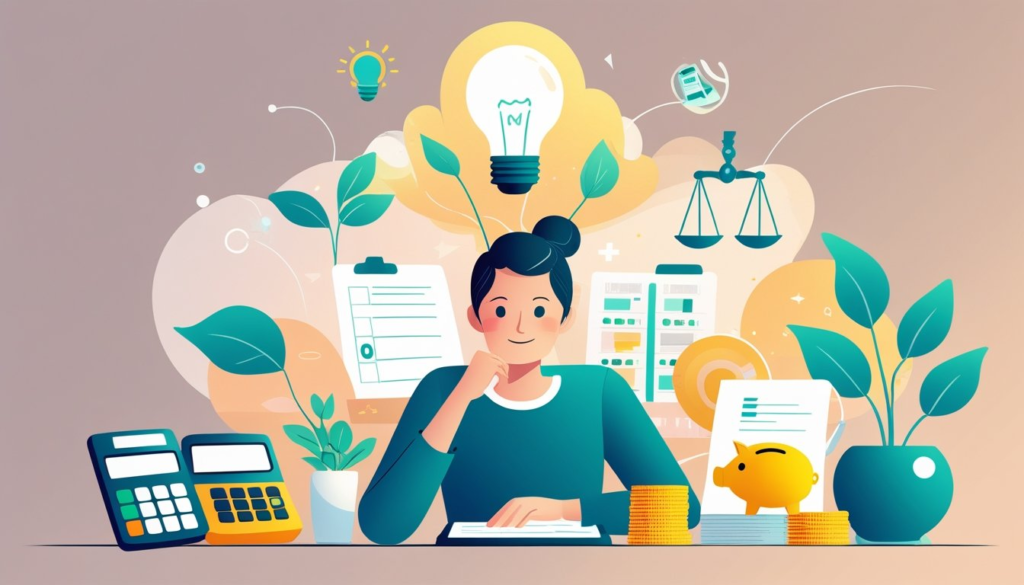 A person sitting at a desk with financial tools around them, surrounded by icons representing ideas, growth, and balance.