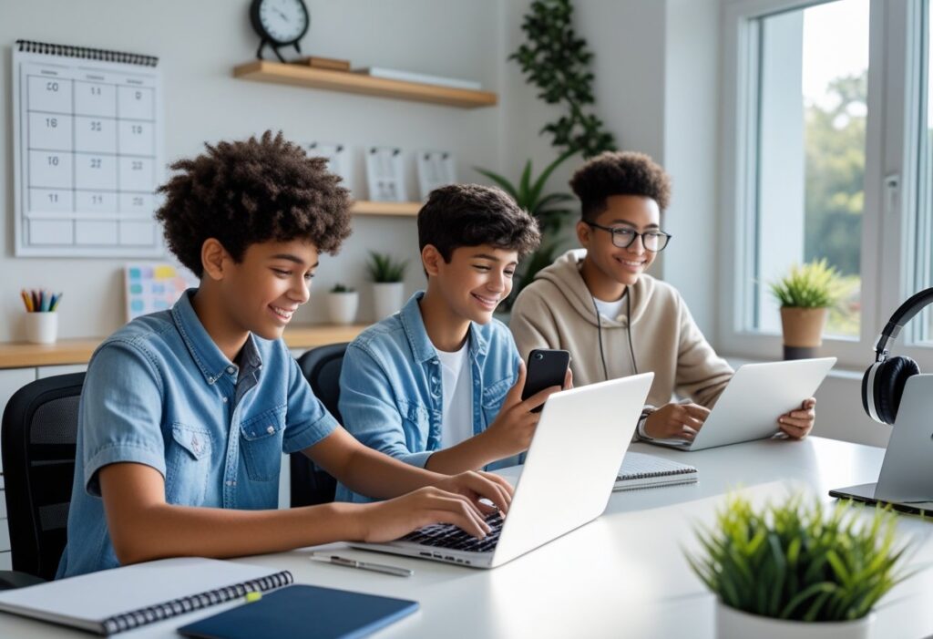 A diverse group of focused teenagers working on laptops from a cozy cafe, engaging in online side hustles that don