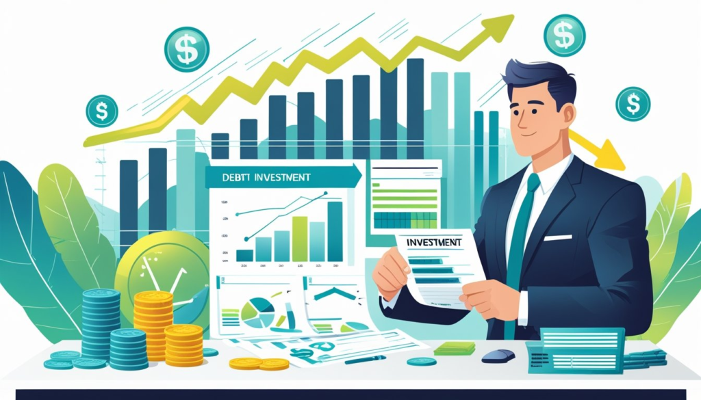 A person reviewing financial charts and documents with symbols of coins, bonds, and upward graphs representing passive income from debt investment.