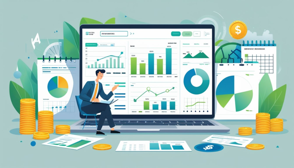 A person analyzing financial charts and documents on a laptop surrounded by symbols representing different types of debt investments, such as bonds, coins, and payment schedules.