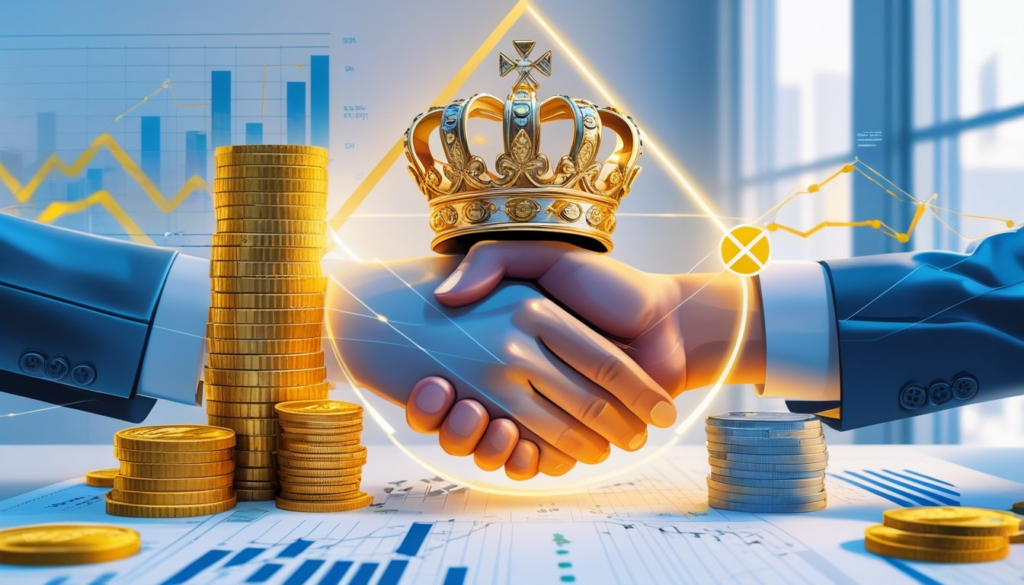 Three symbols representing money, power, and respect connected by glowing lines in an office setting with financial charts in the background.