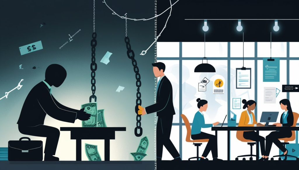 A split scene showing a hidden cash exchange under a table on one side and people working legally in an office on the other side.