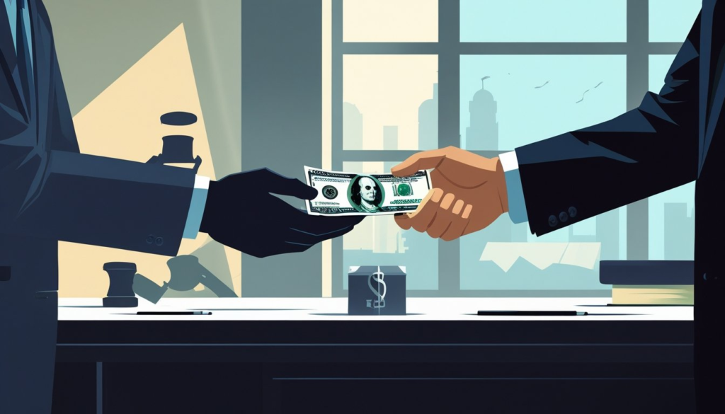 Two people exchanging cash discreetly in a dimly lit setting, with legal symbols faintly visible in the background and a separate scene showing a formal job interview in a bright office.