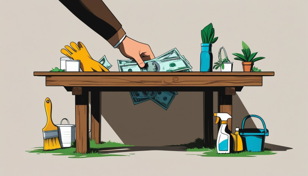 Hands exchanging cash secretly under a wooden table, surrounded by tools representing informal jobs like painting, gardening, food delivery, and cleaning.