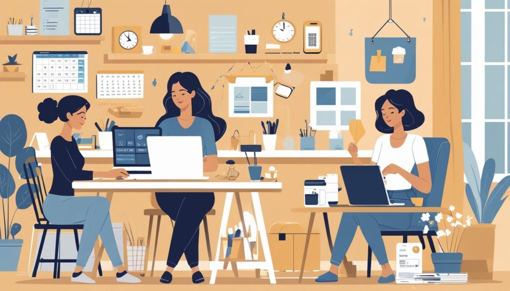 Several women working on different side hustles at home, including using a laptop, making jewelry, and managing an online store.