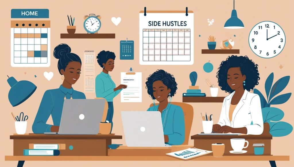 Several women working on different side hustles at home, including using a laptop, making jewelry, and managing an online store.
