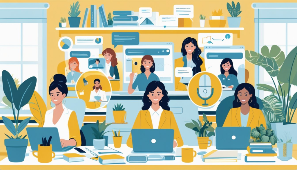 A group of women working from home on laptops and devices in comfortable home office settings, engaged in various virtual and freelancing tasks.