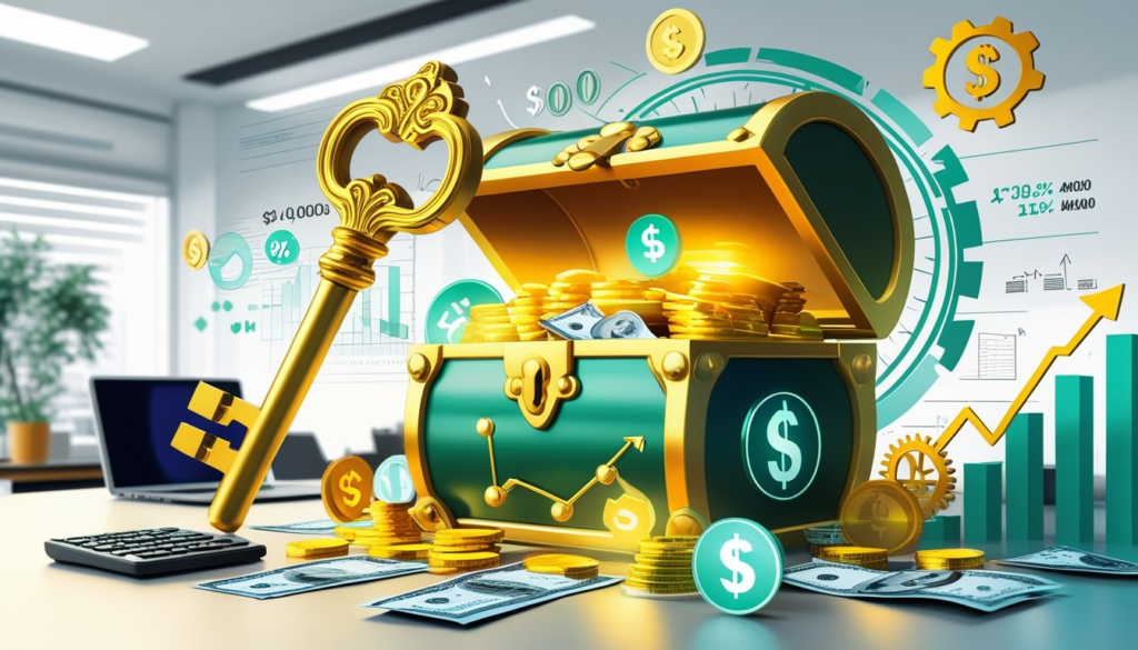 A golden key unlocking a treasure chest filled with money and financial symbols, surrounded by graphs and arrows indicating financial growth.