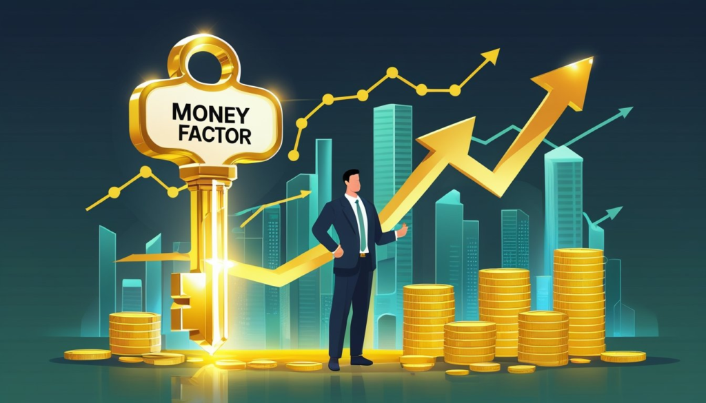 A businessperson stands beside a large glowing key with rising bar graphs, stacks of coins, and a city skyline in the background, symbolizing unlocking financial success and wealth growth.
