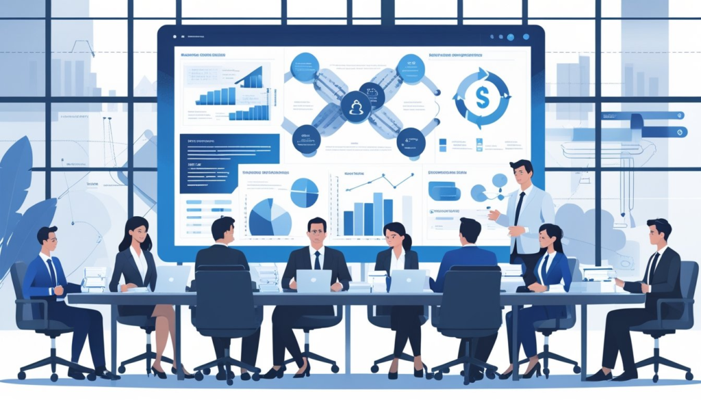 A group of business professionals in a meeting room discussing financial charts and documents, with a large screen showing diagrams of financial processes