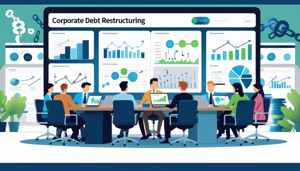 A group of business professionals in a corporate office meeting around a table with financial documents and laptops, analyzing charts and data on a large screen related to corporate debt restructuring.