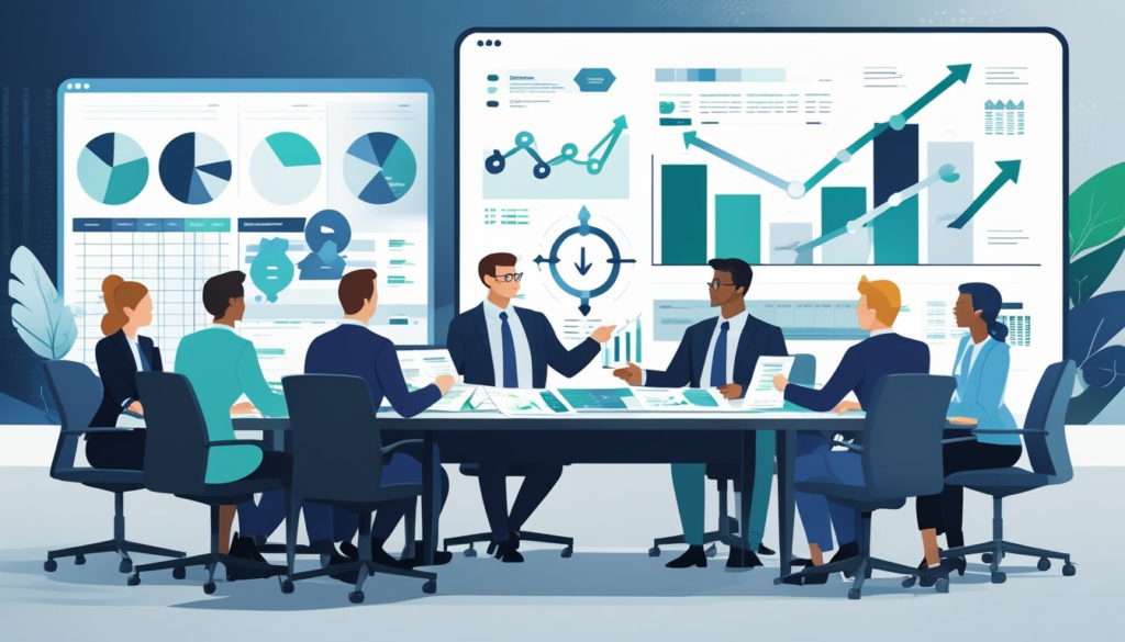 A group of business professionals in a corporate office discussing financial documents and charts around a conference table, with a digital screen showing financial data in the background.