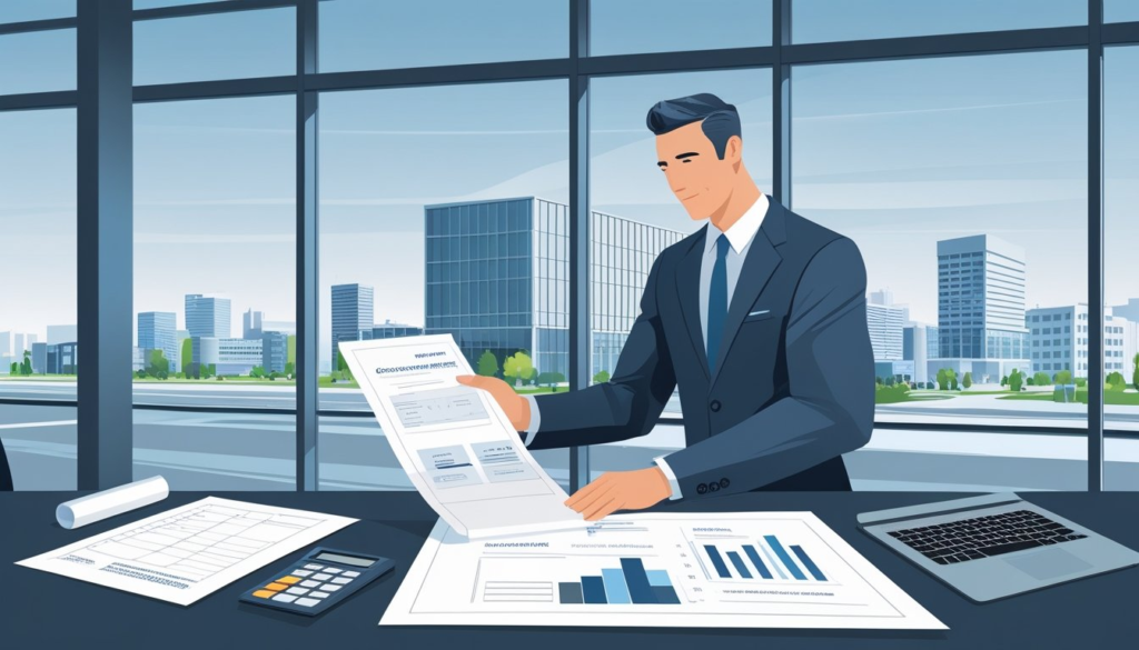 A business professional reviewing documents and blueprints in an office with a modern commercial building and cityscape in the background.