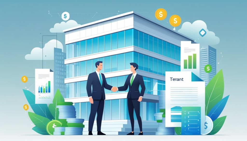 A businessperson shaking hands with a tenant in front of a modern commercial office building, with financial icons and a cityscape in the background