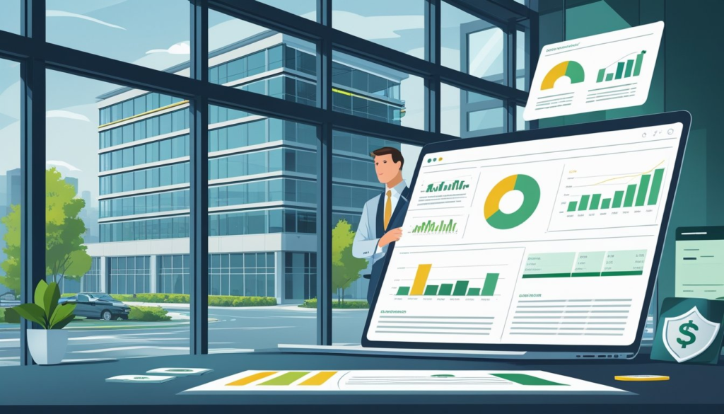 An investor reviewing credit rating charts in front of a modern commercial office building with visible tenants inside.