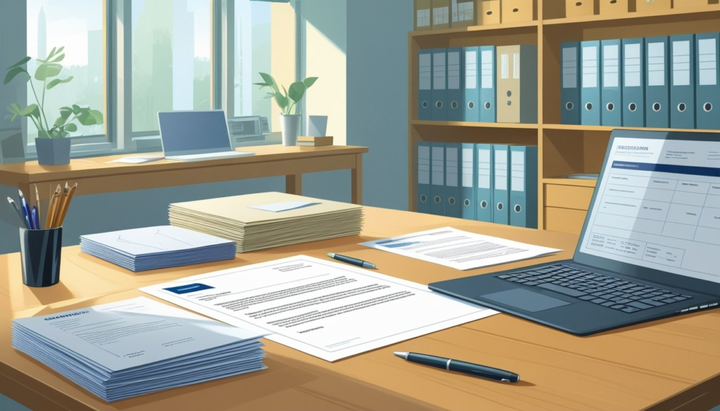 A tidy office desk with documents, a pen, and a laptop showing financial data, set in a calm workspace.