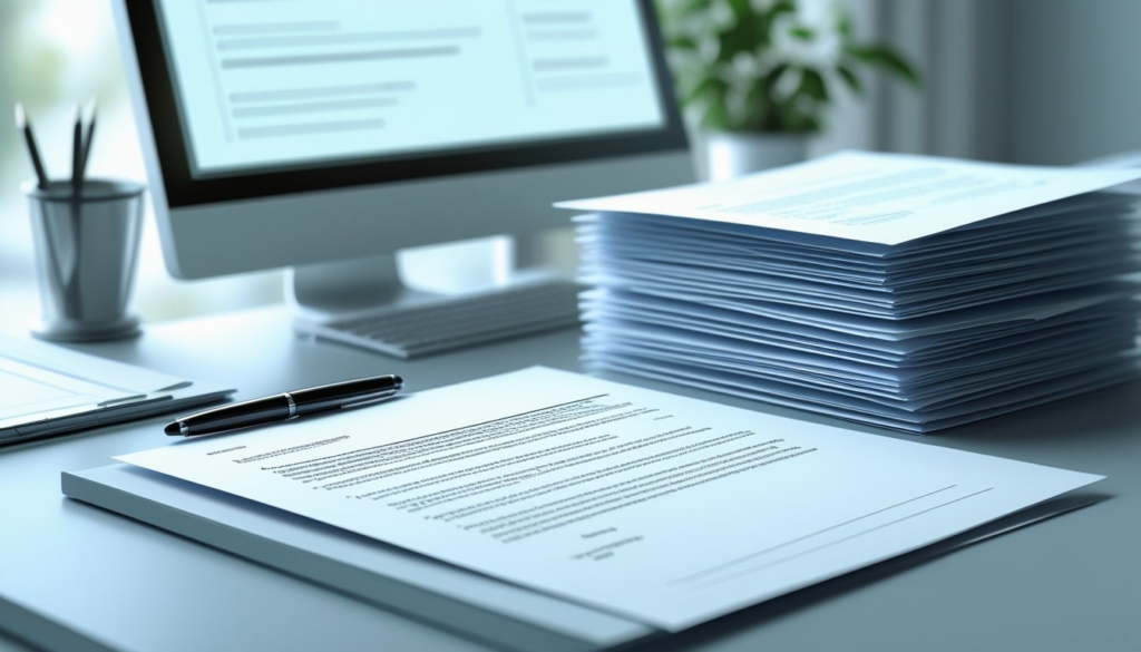 A tidy office desk with a formal letter, a pen, and a computer in the background, representing the process of verifying debt.