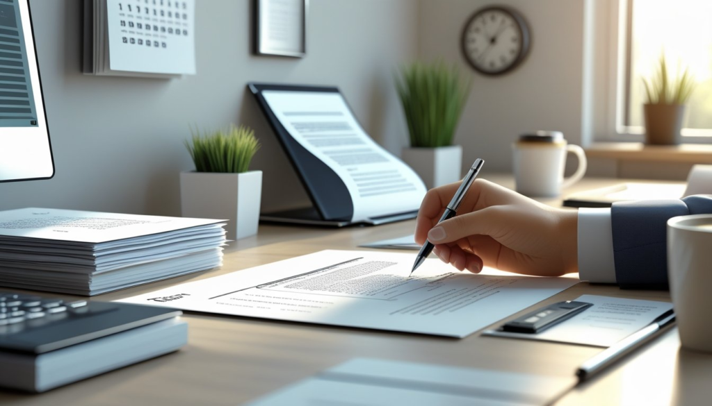 A person’s hand holding a pen over a formal letter on a desk with documents, a calendar with a circled date, and a clock in the background.