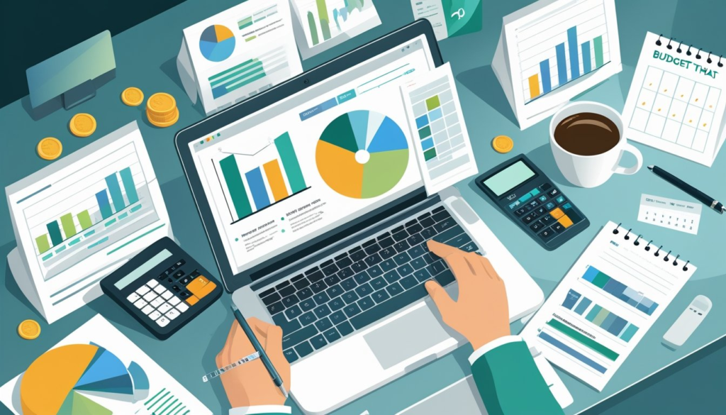 A person sitting at a desk with a laptop, calculator, and financial documents, planning a budget using charts and graphs.