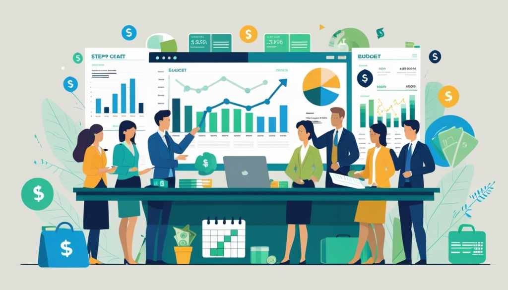 People working together around a desk with financial charts and a laptop, discussing and planning a budget.