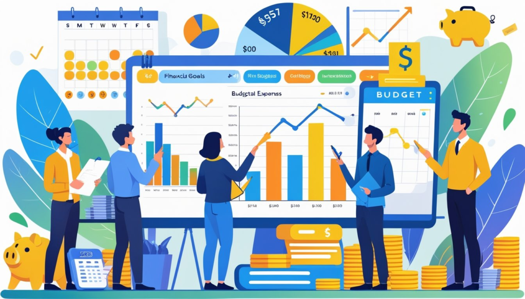 A group of people working together around a table with charts, a calculator, and a laptop to plan and organize a budget.