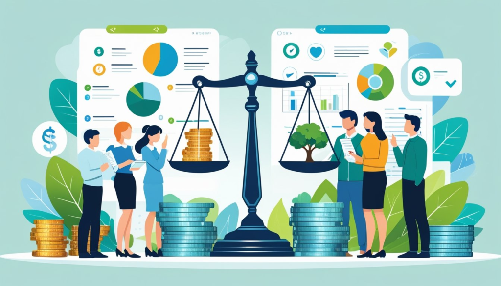 A balanced scale with money on one side and symbols of personal values on the other, surrounded by people reviewing charts and making thoughtful decisions.