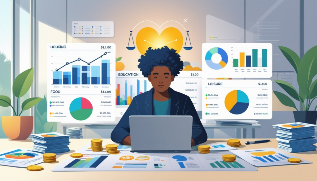 A person organizing financial charts and icons on a desk, symbolizing prioritizing spending according to personal values.