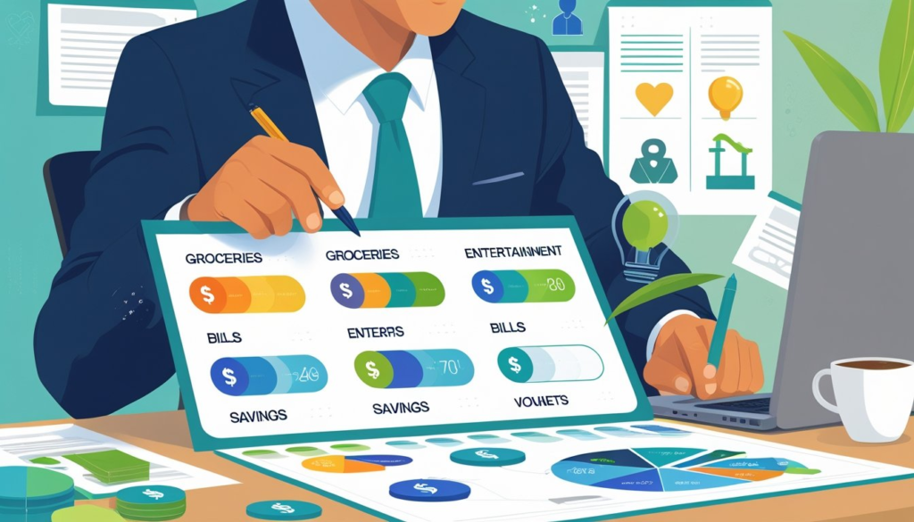 A person reviewing a detailed chart of spending categories at a desk with financial documents and a laptop, surrounded by symbols representing values and priorities.