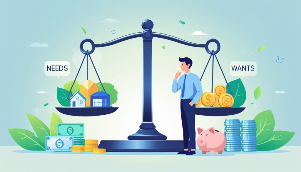 A person thoughtfully looking at a balanced scale with essential items on one side and luxury items on the other, symbolizing the difference between needs and wants.
