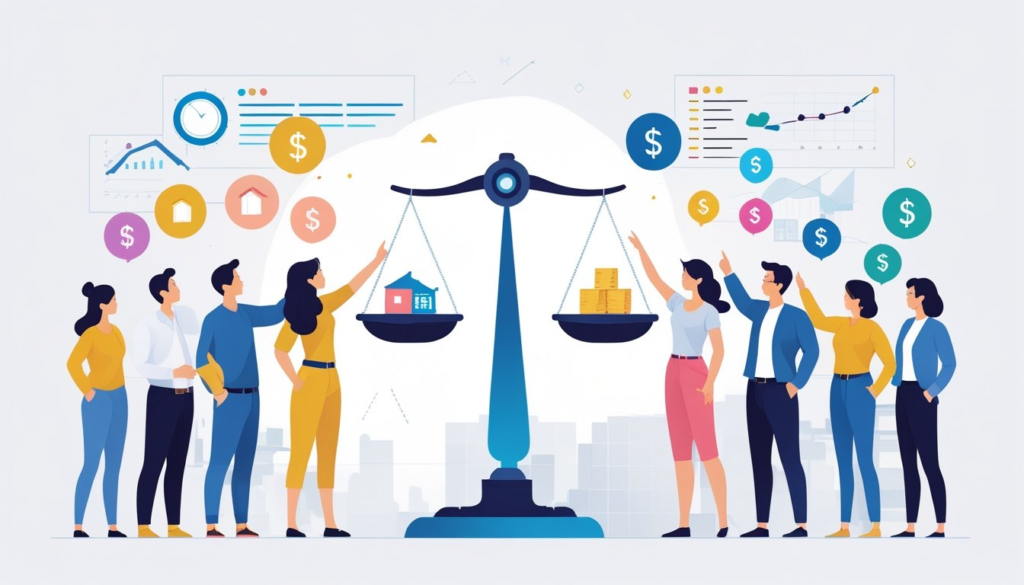 A balanced scale with icons representing needs on one side and wants on the other, surrounded by people thoughtfully considering their choices.