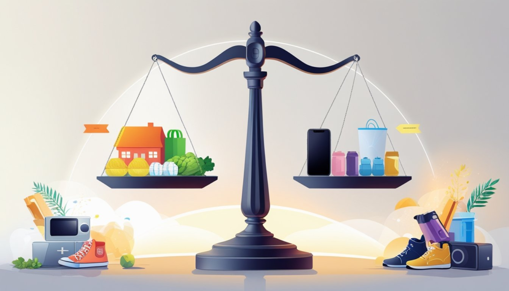A balanced scale with essential items like groceries and a house on one side, and non-essential items like a smartphone and designer shoes on the other.