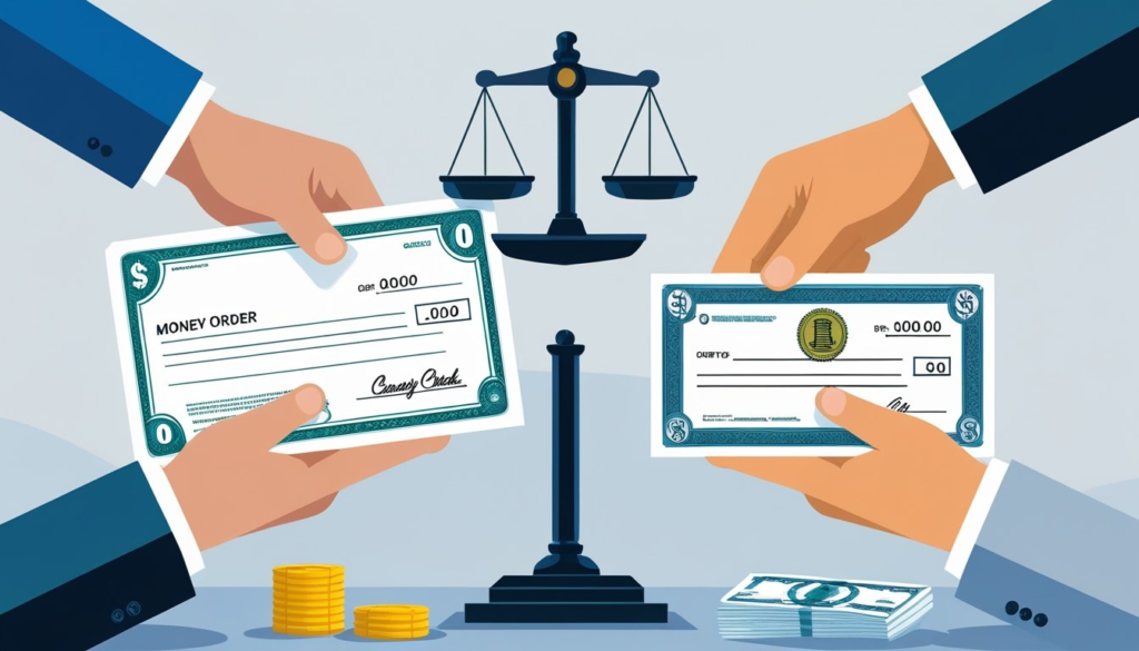 Two hands each holding a financial document, one a money order and the other a cashier's check, with a balanced scale between them and bank-related symbols in the background.