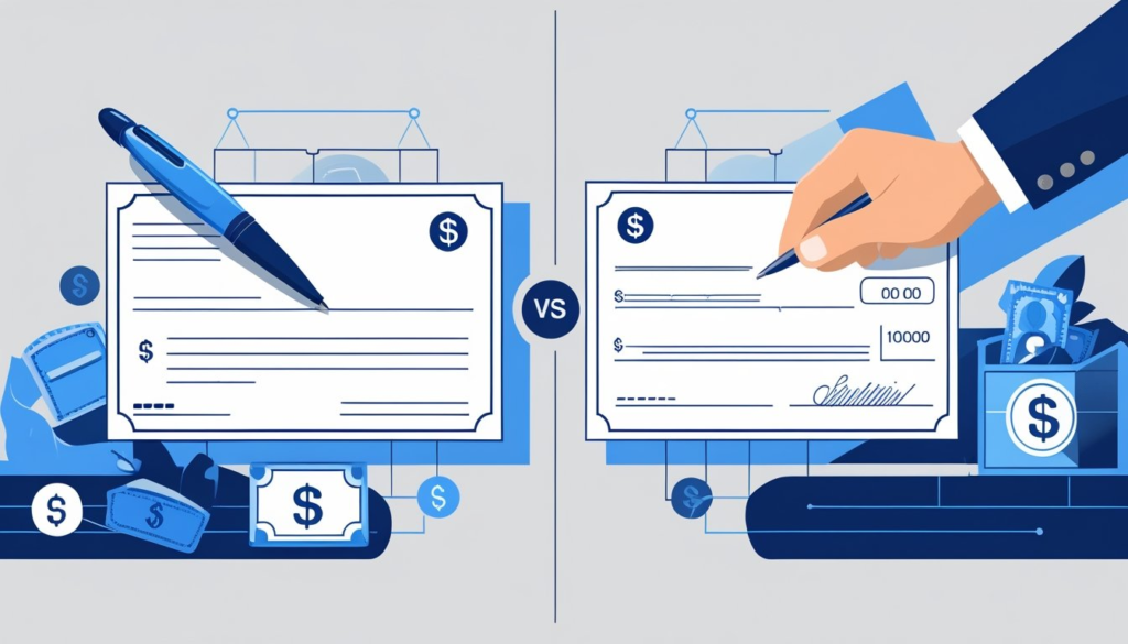 An illustration showing a money order on one side and a cashier's check on the other, highlighting their differences with symbols