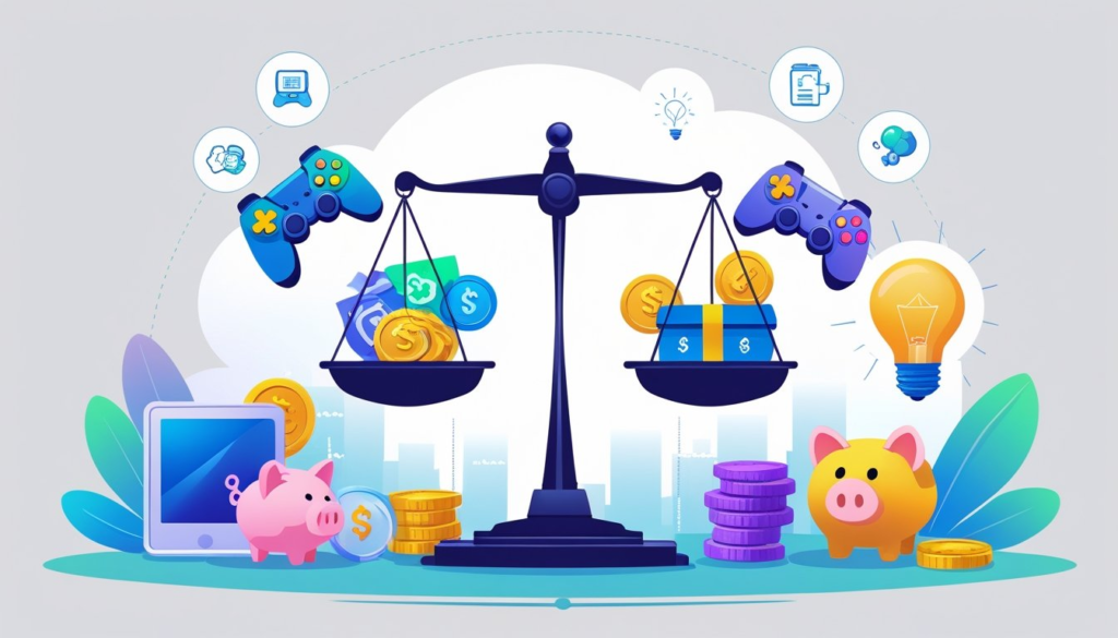 A balanced scale with video game items on one side and savings symbols on the other, surrounded by icons representing benefits and drawbacks of spending money on games.