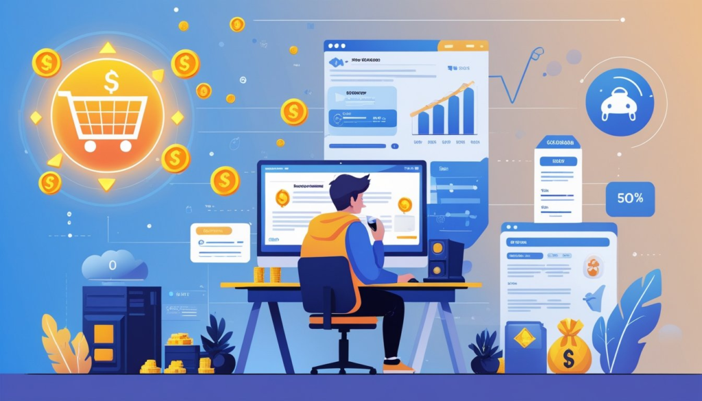A gamer at a desk surrounded by virtual game items, with icons representing spending money and smarter alternatives, alongside charts suggesting pros and cons.