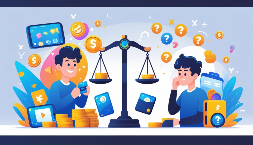 A scene showing a gamer enjoying in-game rewards on one side and another gamer considering money and potential downsides on the other, with scales balancing coins and game items in the center.