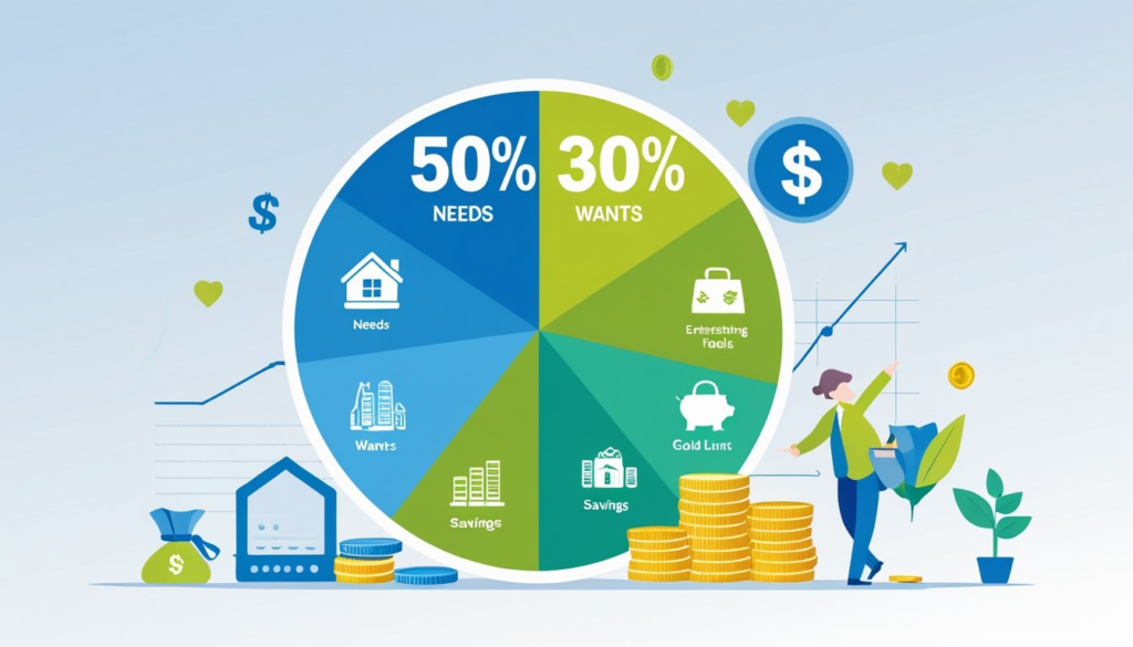 An illustration of a pie chart divided into three sections representing budgeting categories with icons for needs, wants, and savings.