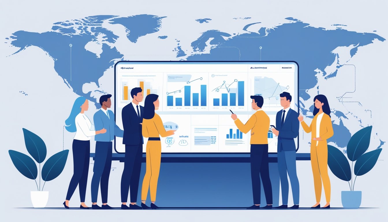 A group of diverse people from different countries working together around a digital table displaying financial data and charts in a modern office.