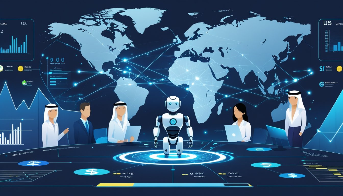 Illustration showing a central AI robot advisor connected by digital lines to diverse investors from the US, UAE, Malaysia, and Ireland, with financial charts and global maps in the background.