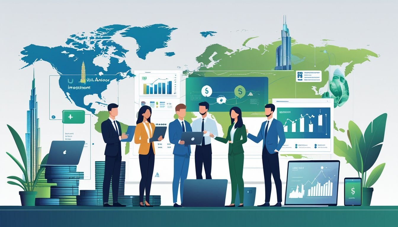 A diverse group of people from different countries discussing financial plans with digital devices in a modern office setting, with subtle landmarks representing UAE, Malaysia, and Ireland in the background.