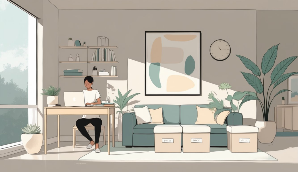 A tidy, minimalist living room with a person organizing items into storage boxes, featuring simple furniture, a plant, and natural light coming through a window.