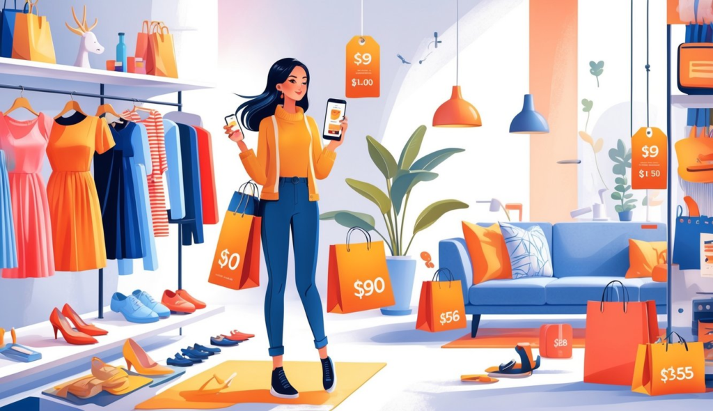 A person in a cozy room with fashionable clothes, a piggy bank, and budget planner, showing smart ways to save money while staying stylish.