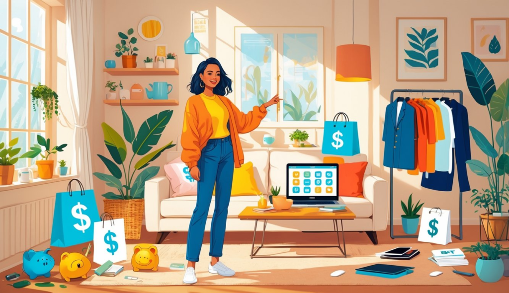 A young woman shopping for fashion and home items, holding bags and a smartphone, surrounded by clothing and home decor in a neat, inviting space.