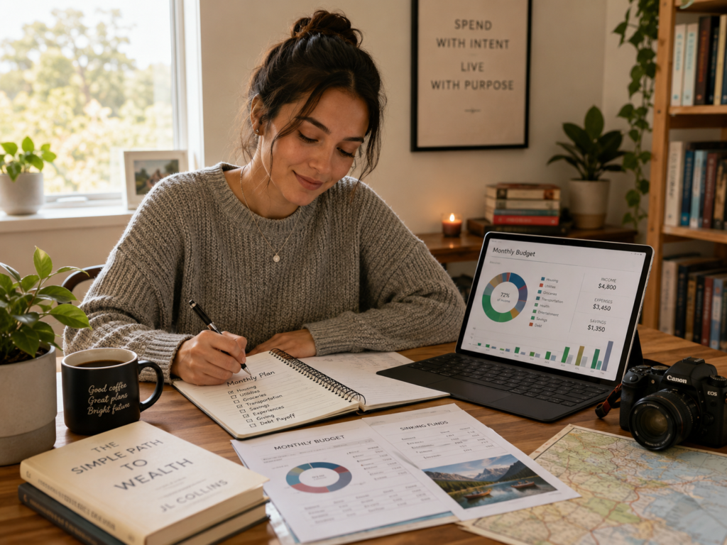 A person calmly reviewing their budget surrounded by items they enjoy, such as a plant, book, coffee cup, camera, and map, symbolizing thoughtful and balanced spending.