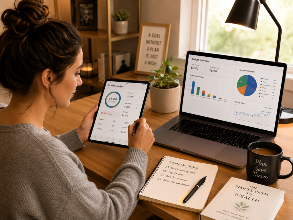 A person at a tidy desk reviewing a budget on a tablet with items like a plant, book, and coffee cup nearby, and charts visible on a computer screen.