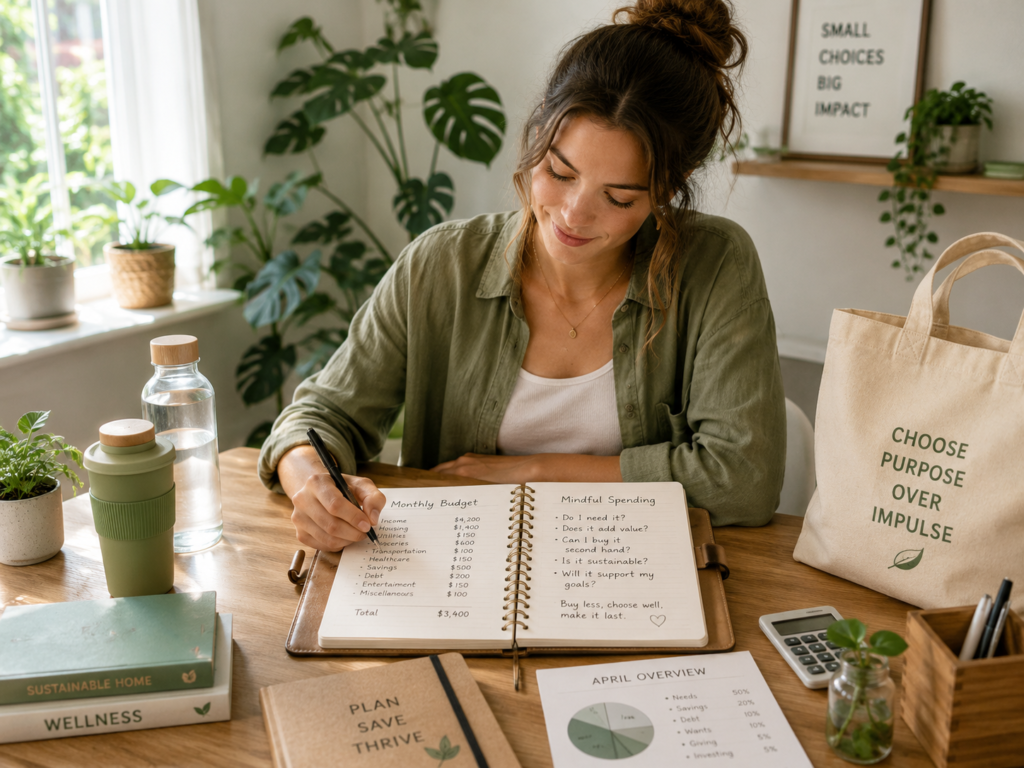 Create an image with the following description: A person sitting at a desk in a bright room, reviewing a planner with eco-friendly items and plants around them, symbolizing mindful and sustainable spending.