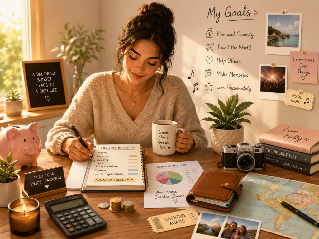 A person thoughtfully managing finances with symbols of balanced spending and joyful experiences around them.